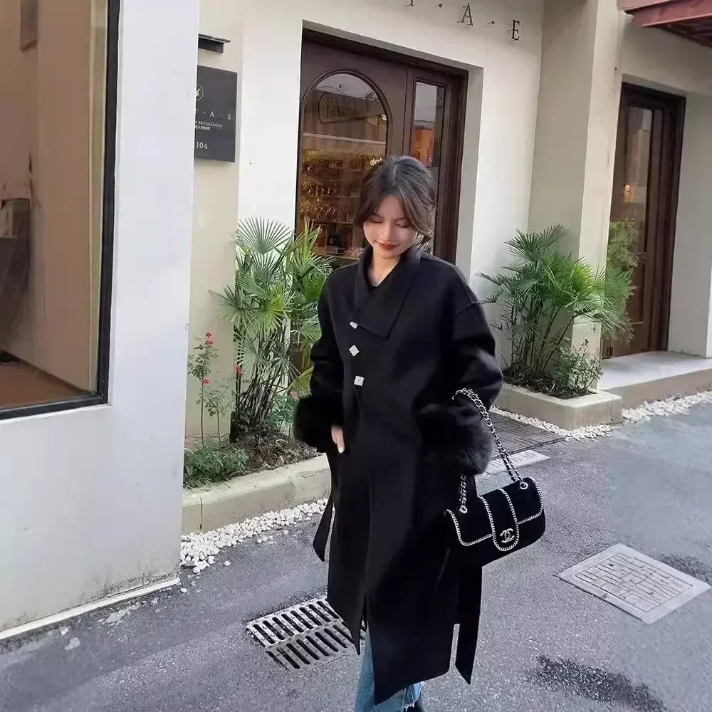 Double-sided Cashmere Coat Women Autumn Winter Fox Fur Jacket Female Wool Coat Long Fox Fur Collar Woolen Coat 250811