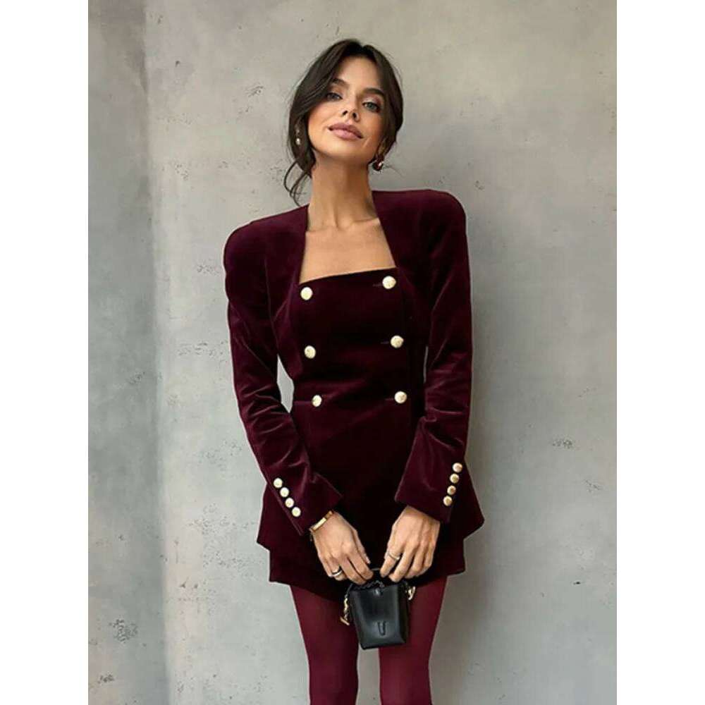 Elegant Bury Veet Shirt Pant Set Fashion Square Neck Metal Buttons Slim Long Sleeve Tops Short Pants Suit