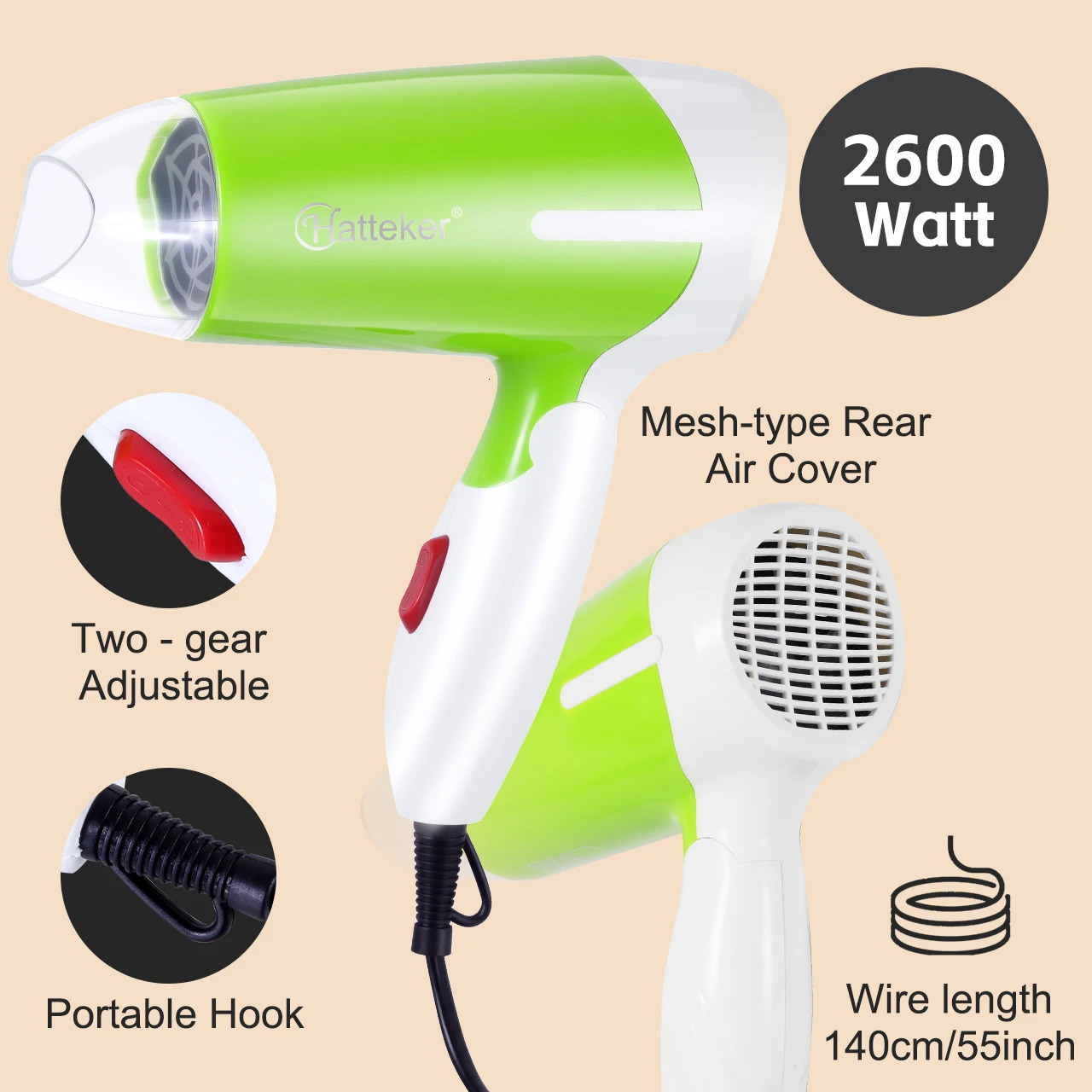 Hatteker Foldable Hair Dryer Electric 2600W Household with 2 Wind Temperature Settings and Negative Ion Care HighPower 250811
