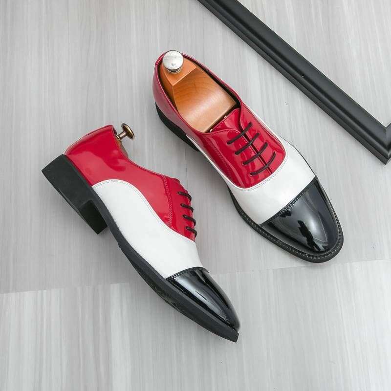 New Men's Patent Shiny Three-joint Contrast Color Business Formal Casual Leather British Pointed Toe Stage Wedding Shoes