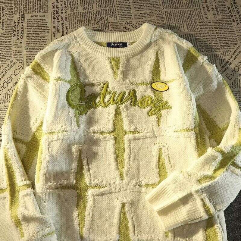 Men's Retro Star Knit Sweater - Oversized Couple-Style Pullover For Spring & Autumn, Lazy Chic Loose Fit Top