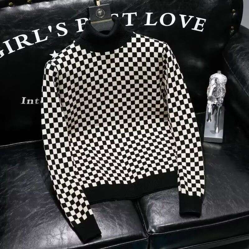 High Neck Sweater, Internet Famous Trendy Brand Slim Fit Checkered Jacquard Thread Jacket, Men's Autumn And Winter New