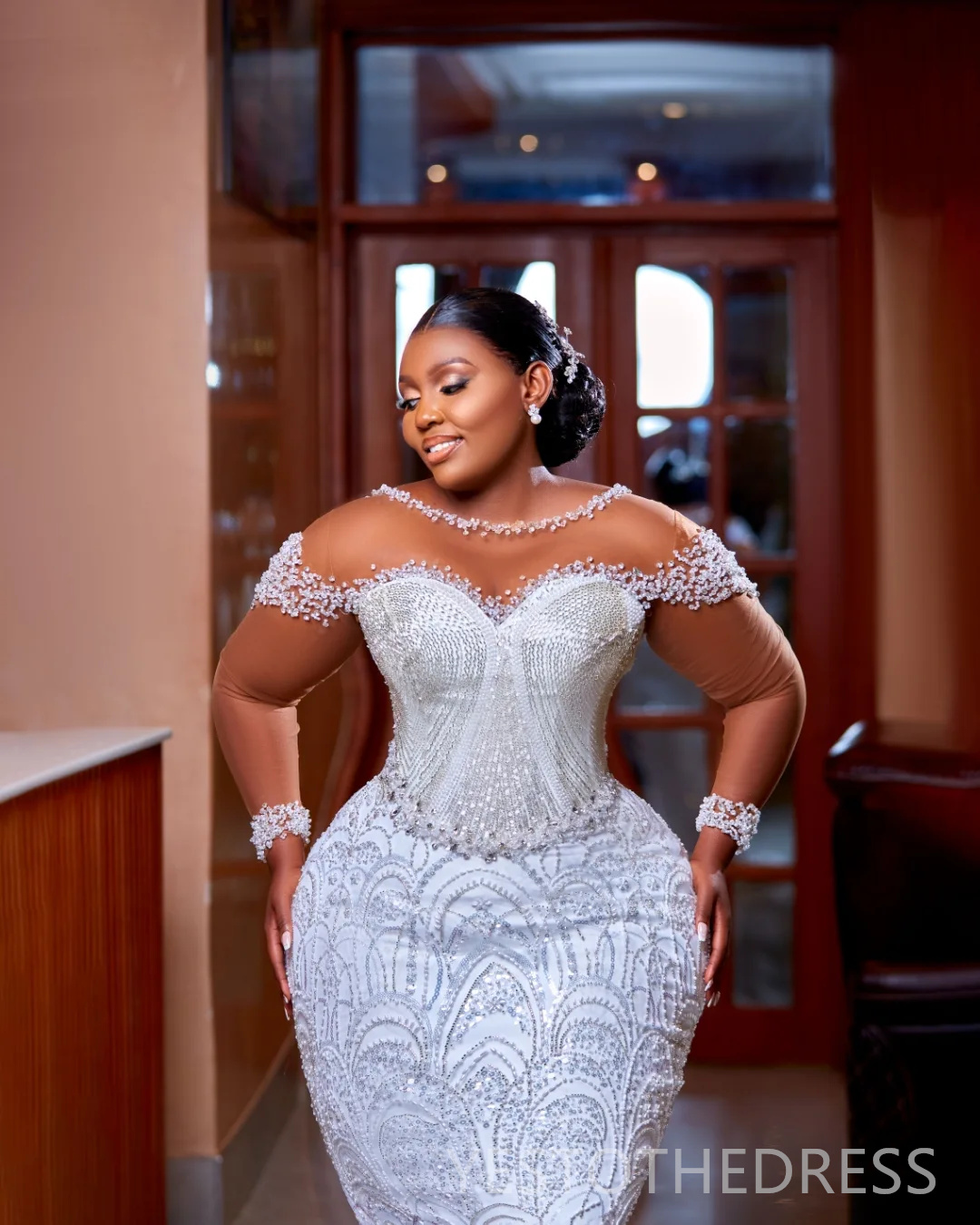 2025 Plus Size Off White African Wedding Dress Bridal Gowns For Bride Mermaid Sheer Neck Beaded Lace Pearls Tiered Pleat Tulle Wedding Gowns For Black