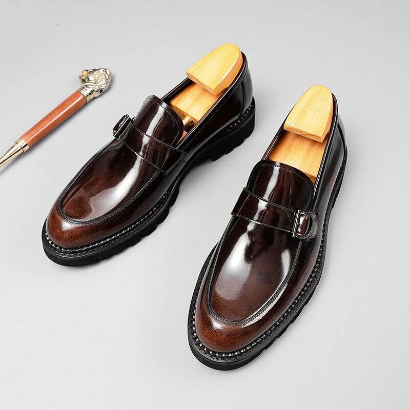 British Style Loafers For Men With Shiny Leather, Increased Height, Thick Sole, Casual One Foot Round Toe Leather Shoes,
