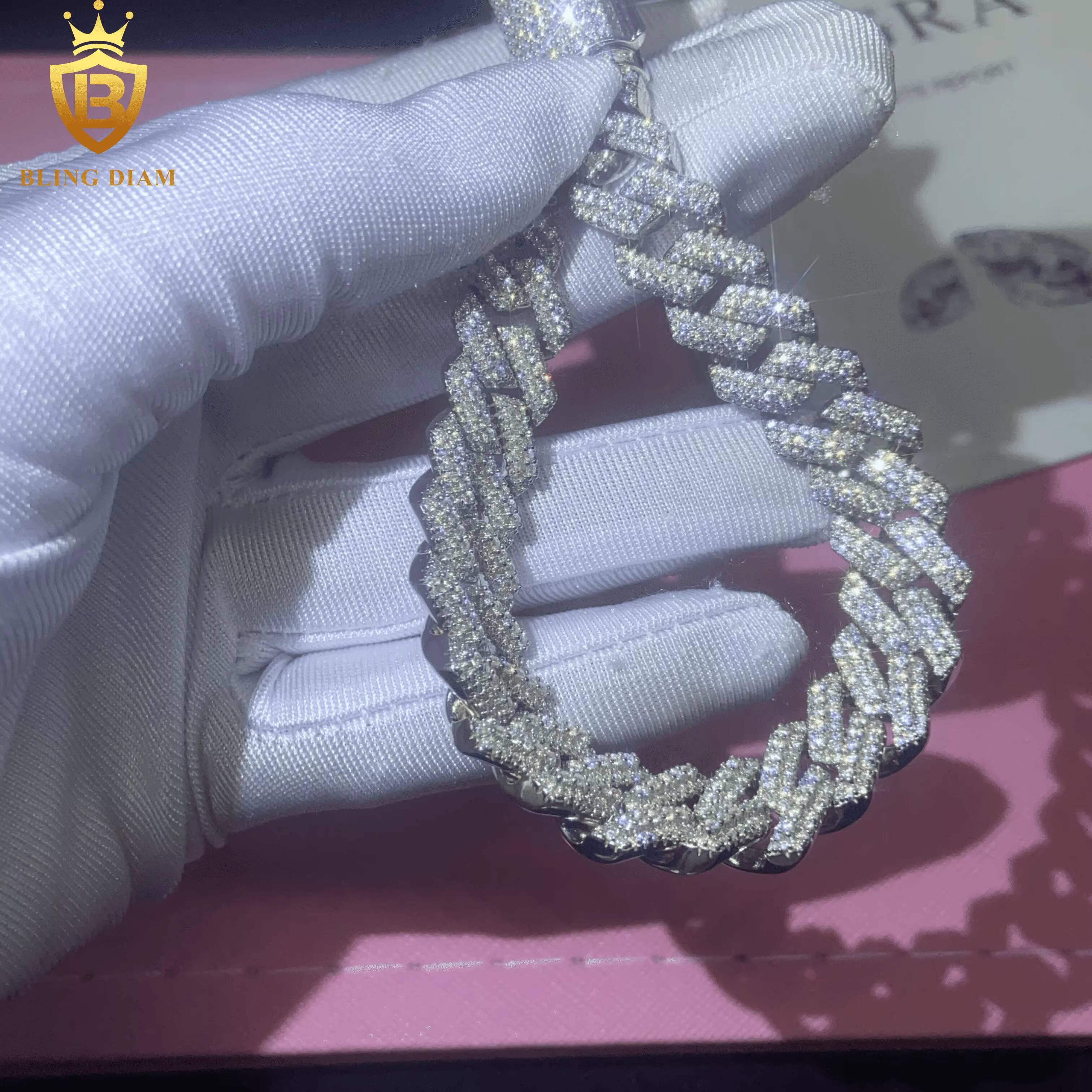 New Design Fashion 925 Silver Cuban Chain Moissanite Cuban Bracelet Men Women Hip Hop Style Pass Diamond Tester GRA Certificate