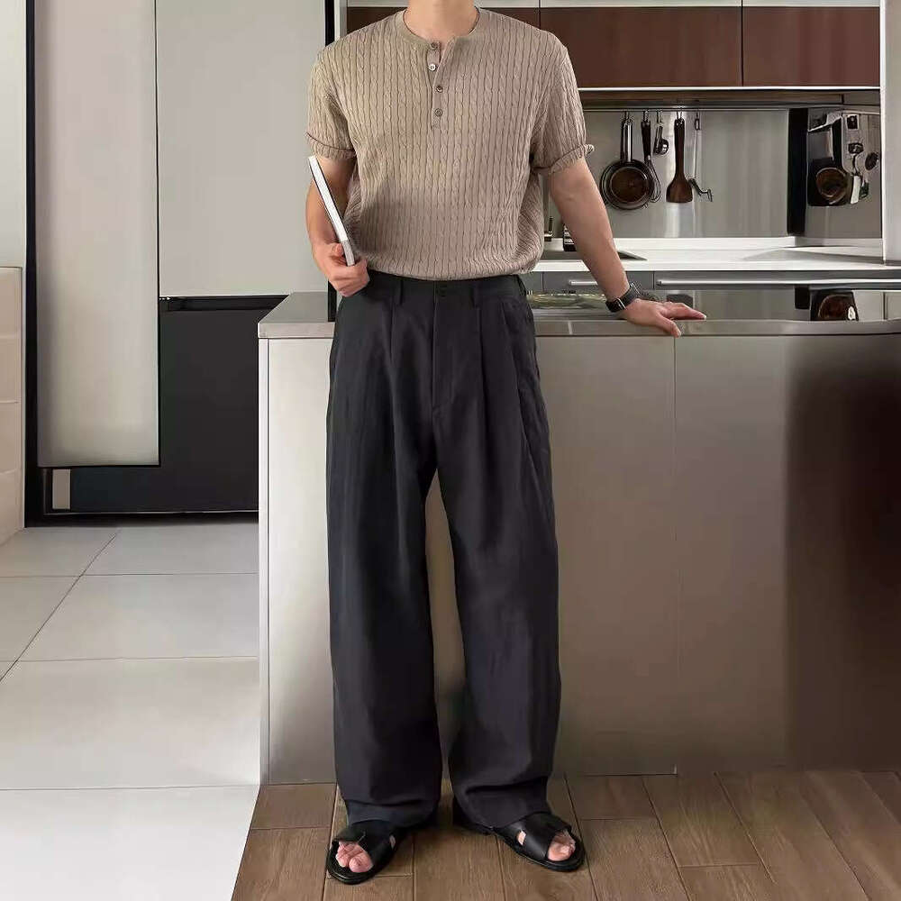 Army Green Linen Casual Long Pants For Men Summer New High-End Versatile Loose Straight Wide-Leg Trousers B5