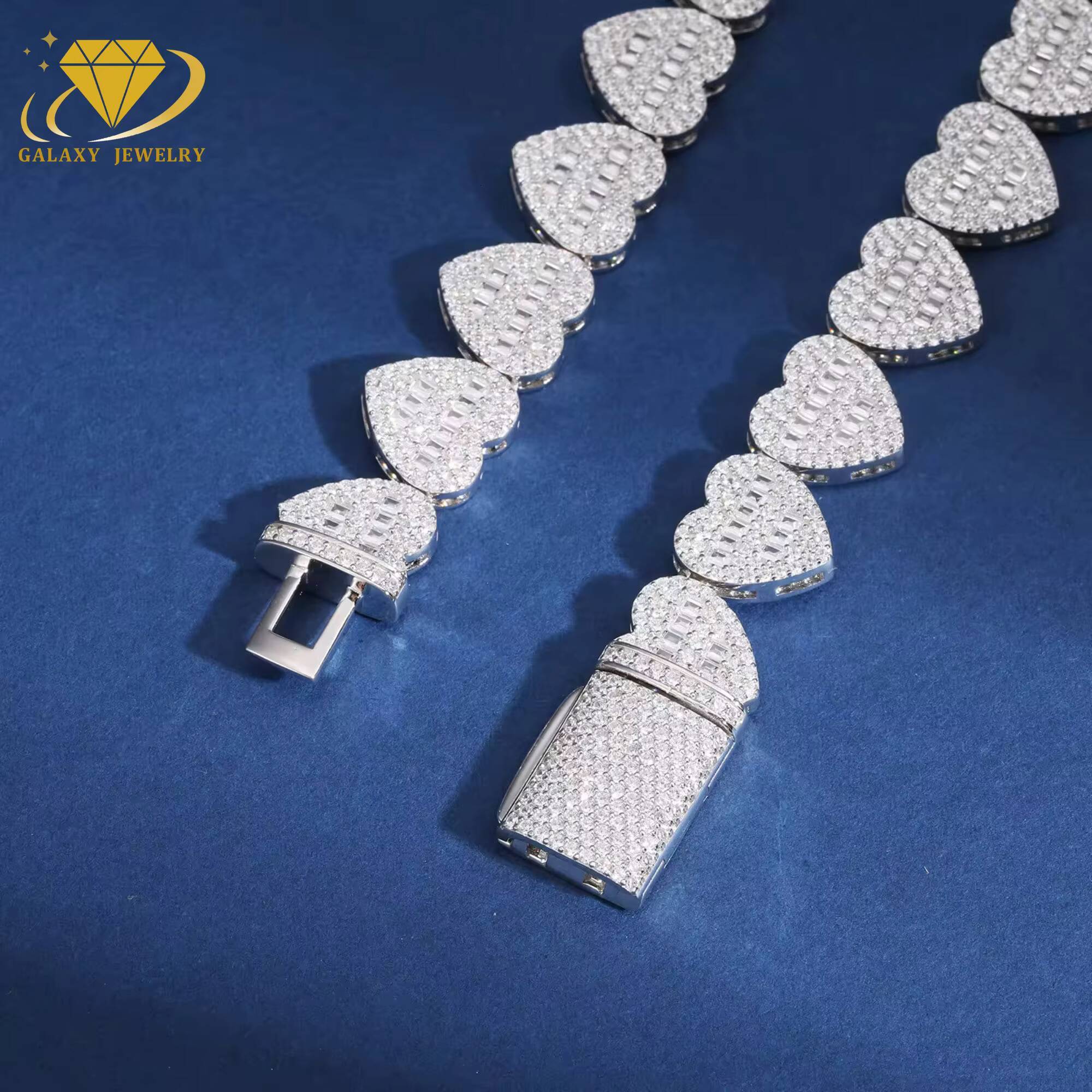 Pass Diamond Tester Fully Iced Out Heart Links Necklace White Gold Plated Baguette Moissanite Diamond 925 Silver Tennis Chains