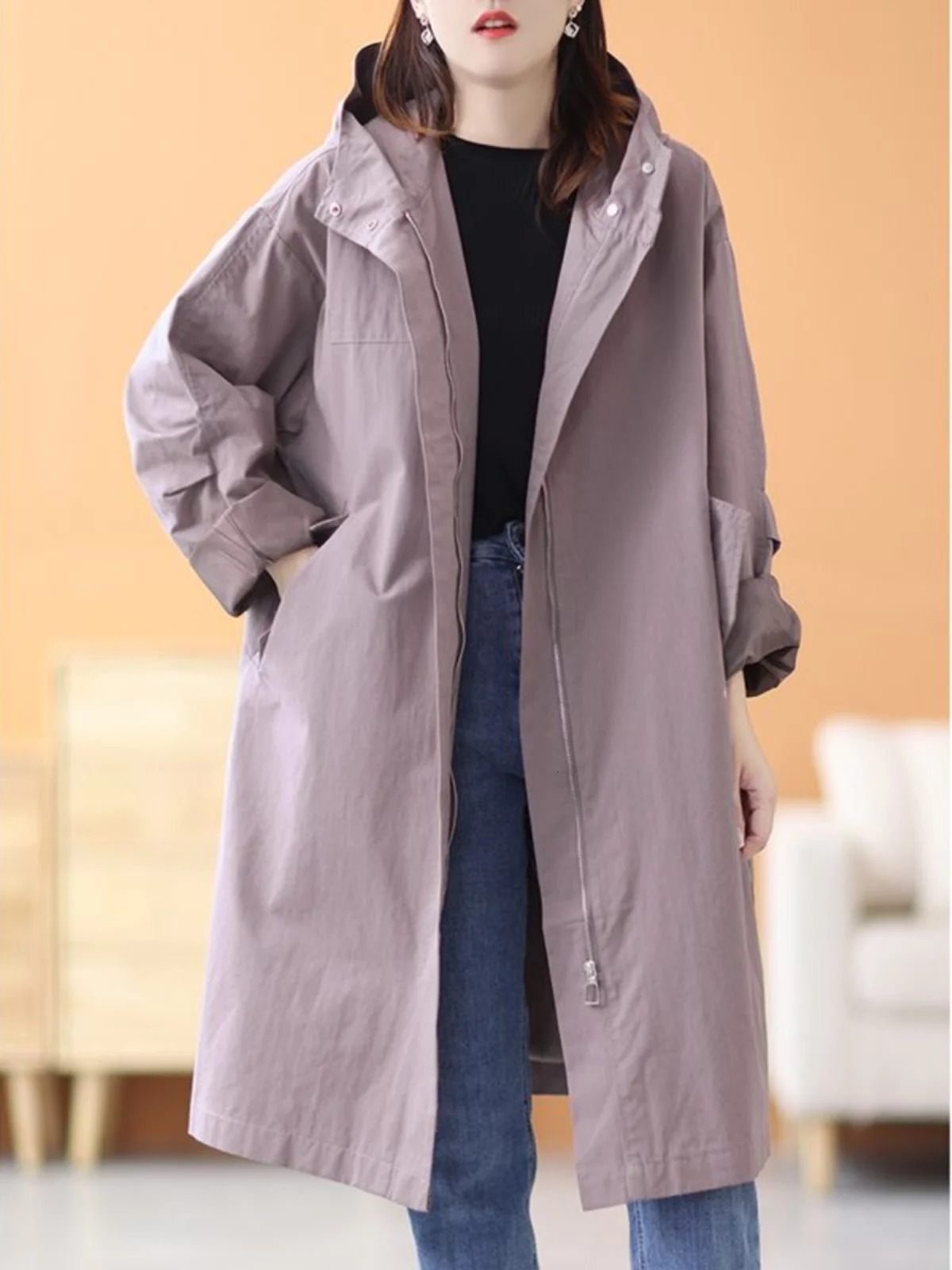 Loose Casual Hooded Womens Coat Korean Sle MidLength Windbreaker Outerwear Autumn Winter Arrival Single Tag Label 250805