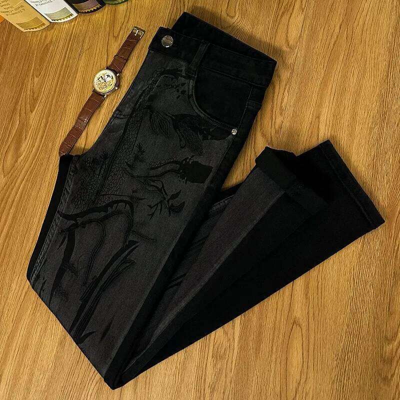 2024 Light High-End Black Denim Trousers Men's Fashion Design Landscape Painting Printing Stretch Slim Fit Skinny Pants