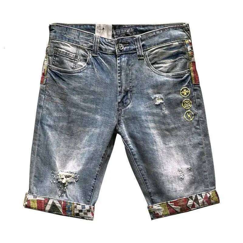 High-end Haruku Fashion Designer Clothes Embroidered Patchwork Summer Jeans Shorts Men Straight Knee Length Casual Trousers