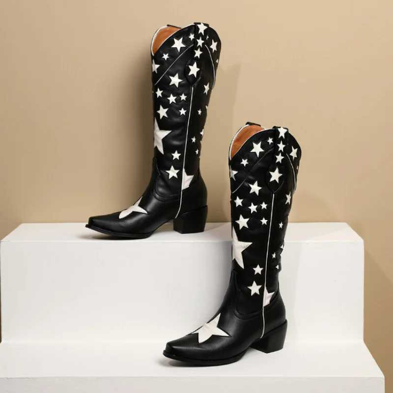 Vintage Trend Star Western Cowboy Boots Women Medium Block Heels Pull-on Cowgirl Boot Woman Autumn Winter Shoes 2025 Fall Winter