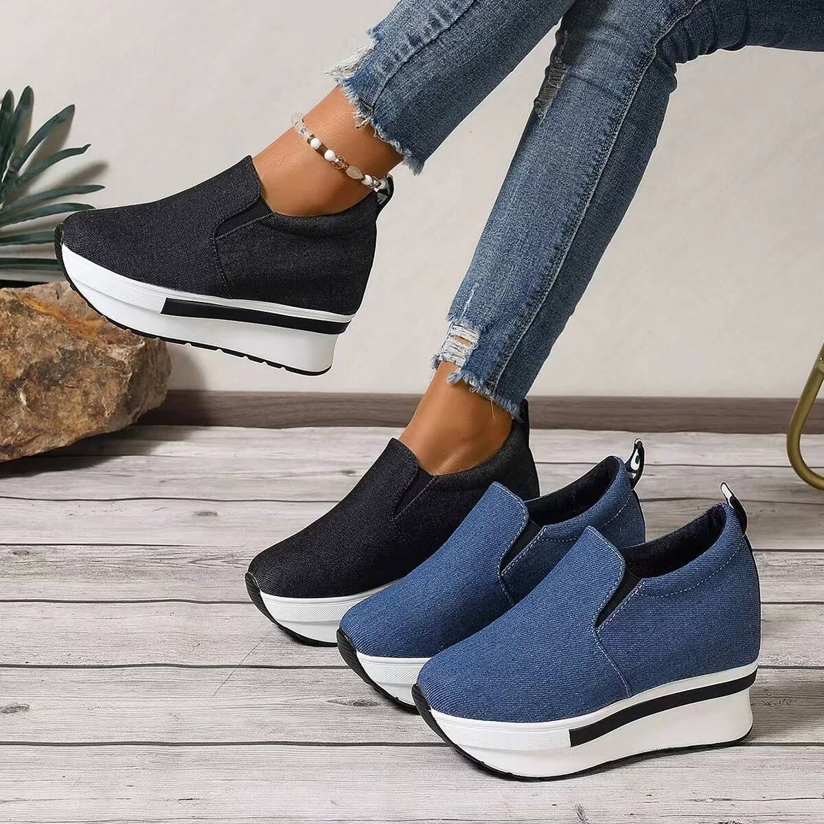 Women's Height Increasing Wedges Lightweight Slip On Platform Sneakers Women Thick Sole Denim Walking Rocker Shoes Woman ddmysaturn