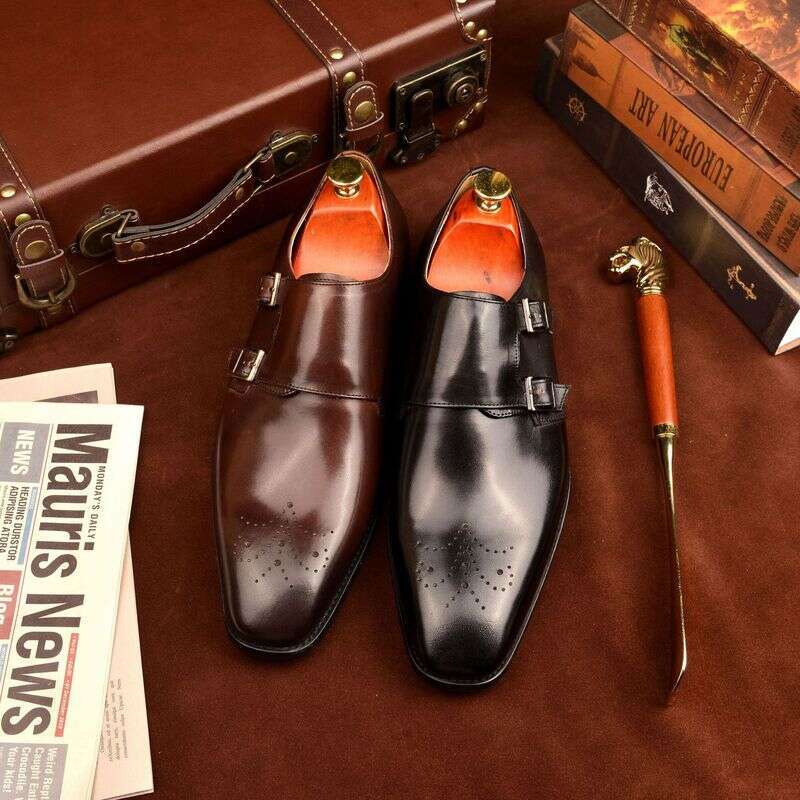 Unbeatable Quality Double Buckle Mengke Goodyear Suit One Foot Square Toe Handmade Leather Shoes, Men's