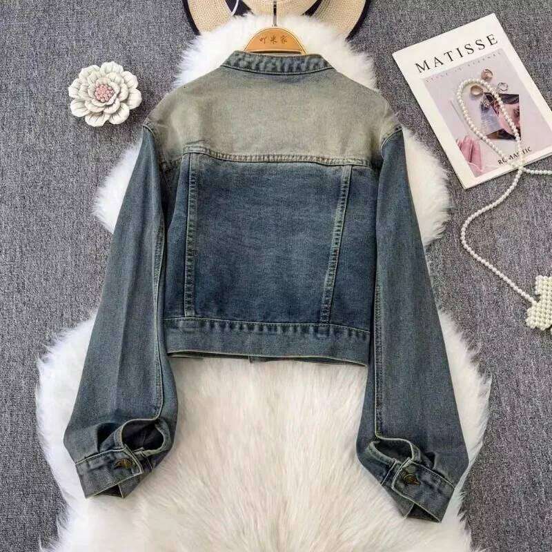 Women Denim Jacket 2025 New American Style Vintage Stand Collar Long Sleeve Button Zipper Splicing Light Blue Coat Female Trendy