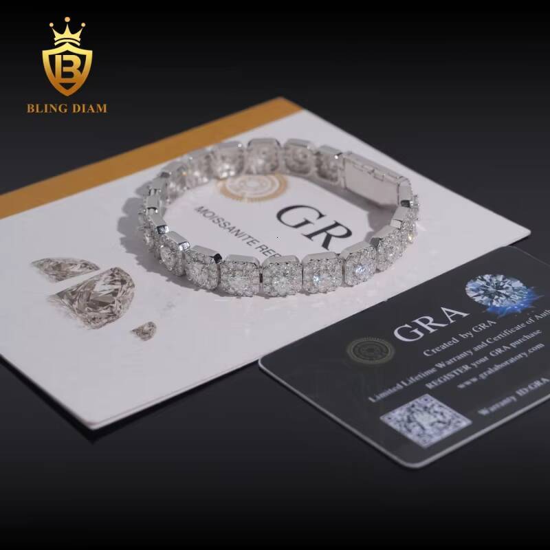 Hip Hop High Quality Fashion 10mm 925 Sterling Silver Moissanite Cluster Tennis Chain Cuban Bracelet