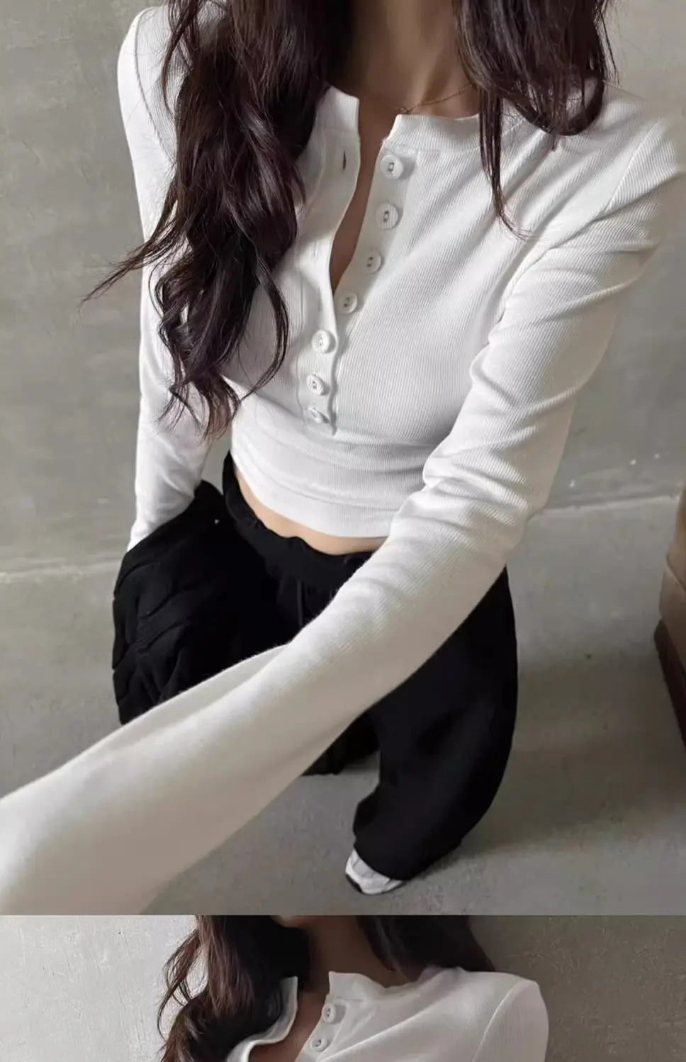 Polo Neck T Shirt for Women Sexy Crop Top Button Long Sleeve Woman Tshirt Slim Black Youthful Elegant Synthetic Aesthetic y 250814