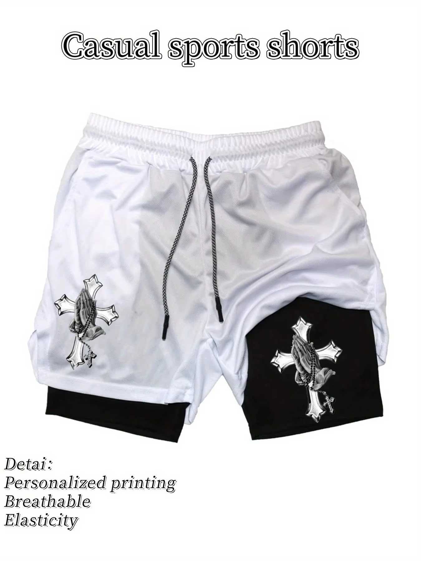 2025 fast drying double-layer sports shorts breathable summer mens modern lightweight running with Jesus print design Y250814
