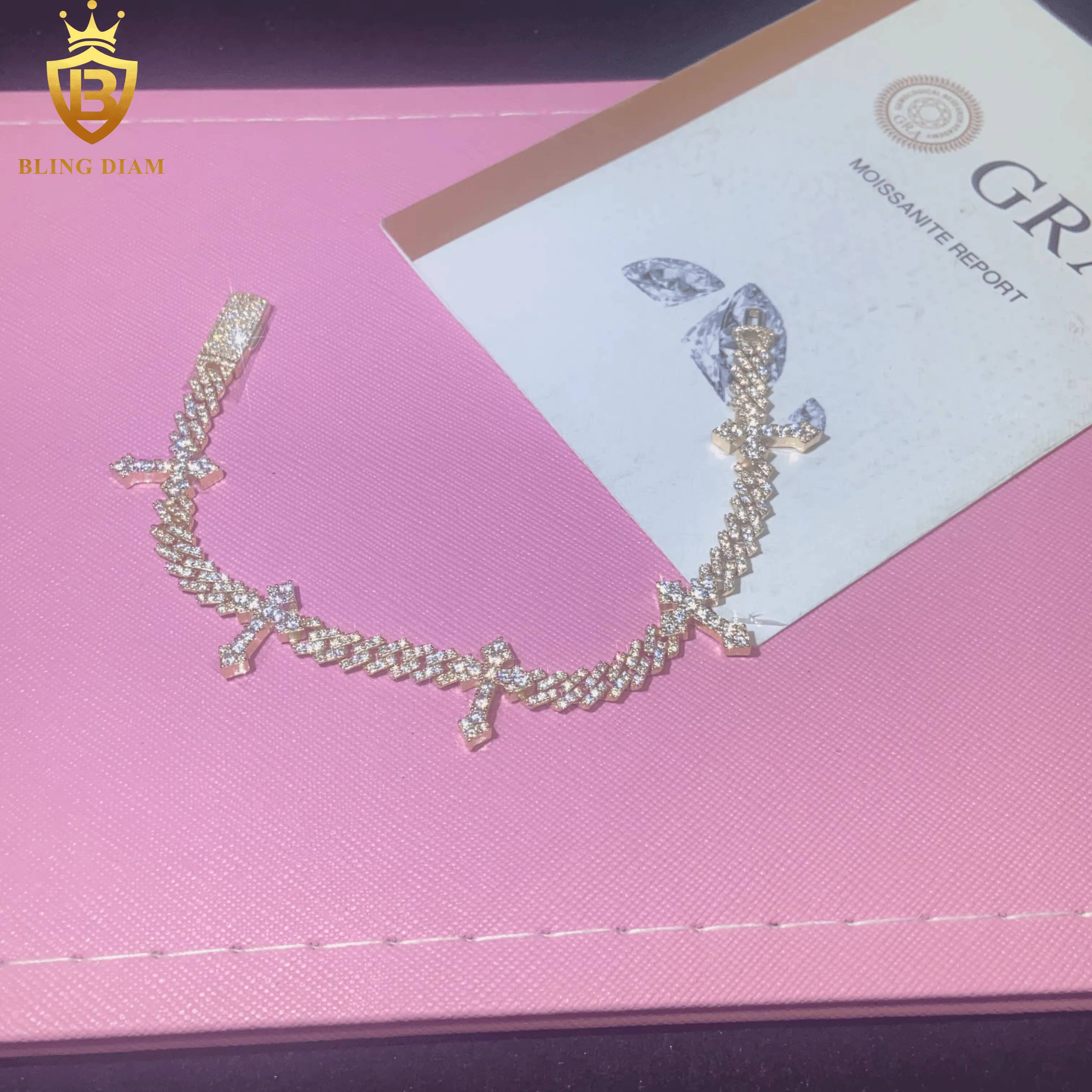 New Design Fashion Cross Bracelet 925 Sterling Silver Chain Moissanite Cuban Bracelet Men Women HipHop Style Pass Diamond Tester