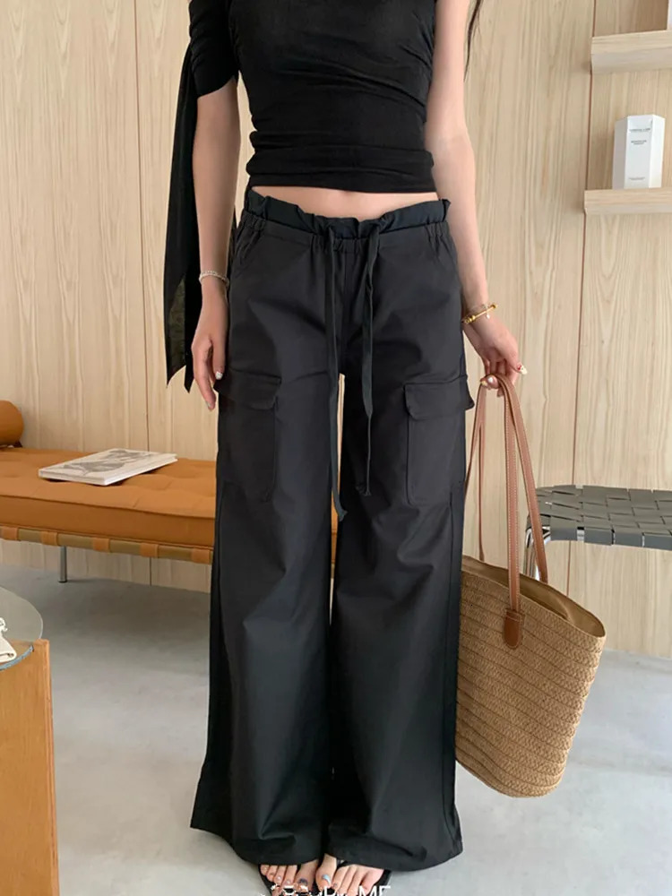 American Retro Casual Low Rise Drawstring Cargo Pants Y2K Streetwear Solid Pocket Straight Trousers Female 250808