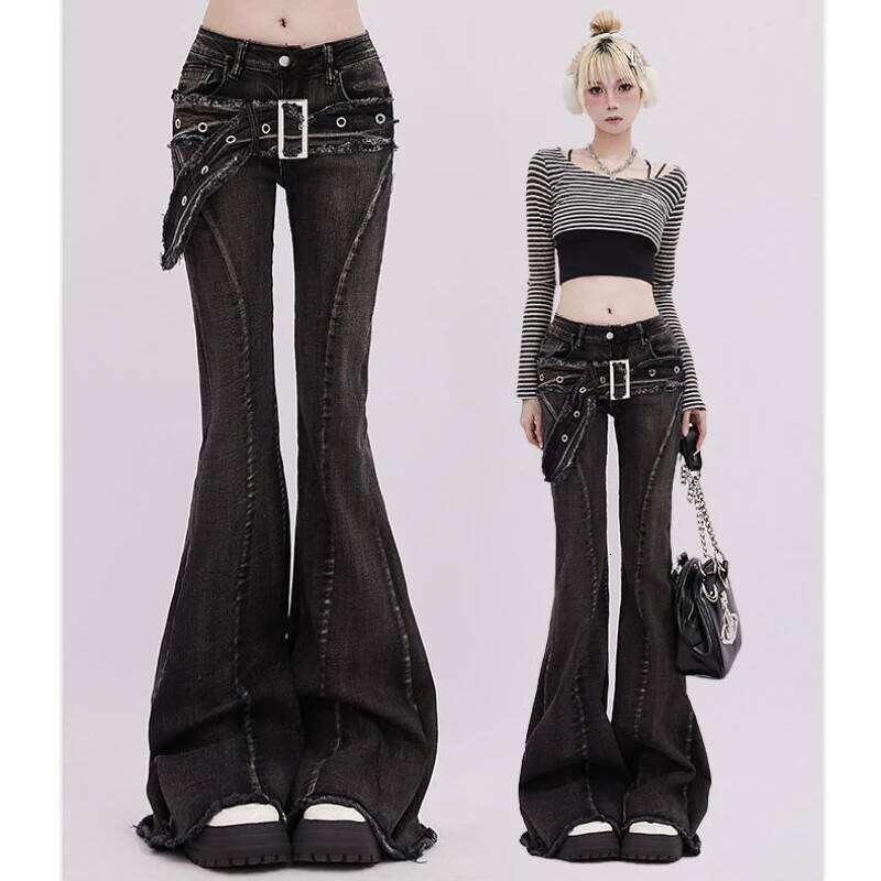 New retro micro-flare women jeans ins fashionable streetwear hot girl style belt bristled design slim straight pants