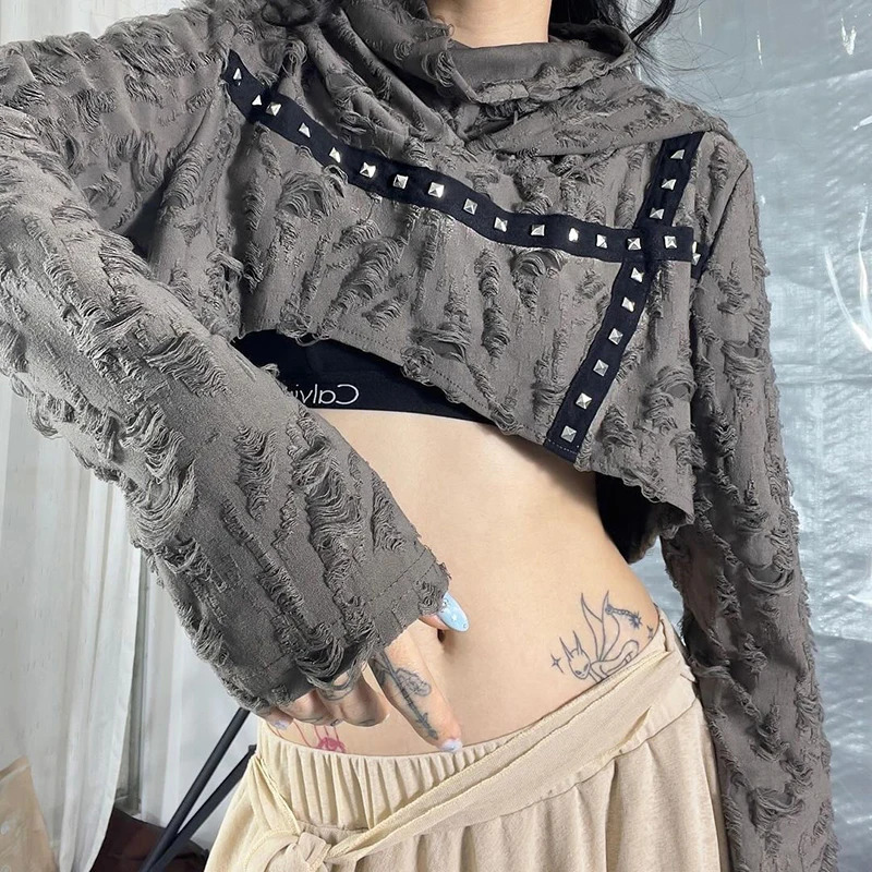 Post Apocalyptic Distressed Ripped Hoodie American Long Sleeve Jazz Sexy Cropped Top Harajuku Y2K Subculture Street Sweatshirt 250814