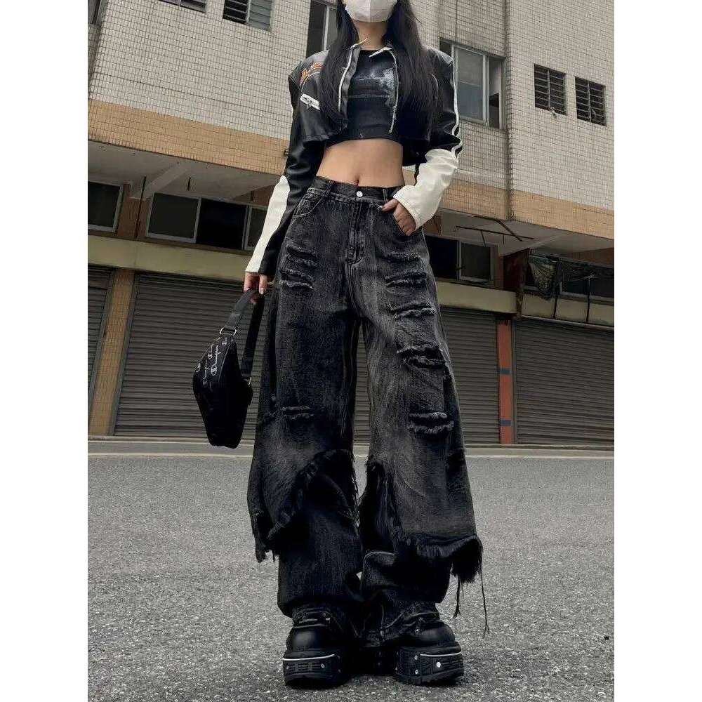 American Vintage Y2k Aesthetic Slim Long Denim Pants Personality Spliced Hole Design Punk Jeans All Match Baggy Wide Leg Pant