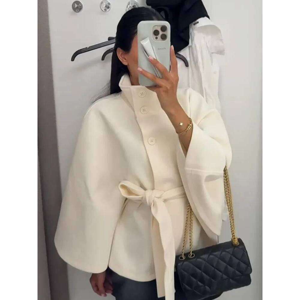 Solid Wide Flare Sleeves Lace Jacket Women's High Waist Stand Up Collar Single Breasted Coat 2025 Elegant Street New Outwear