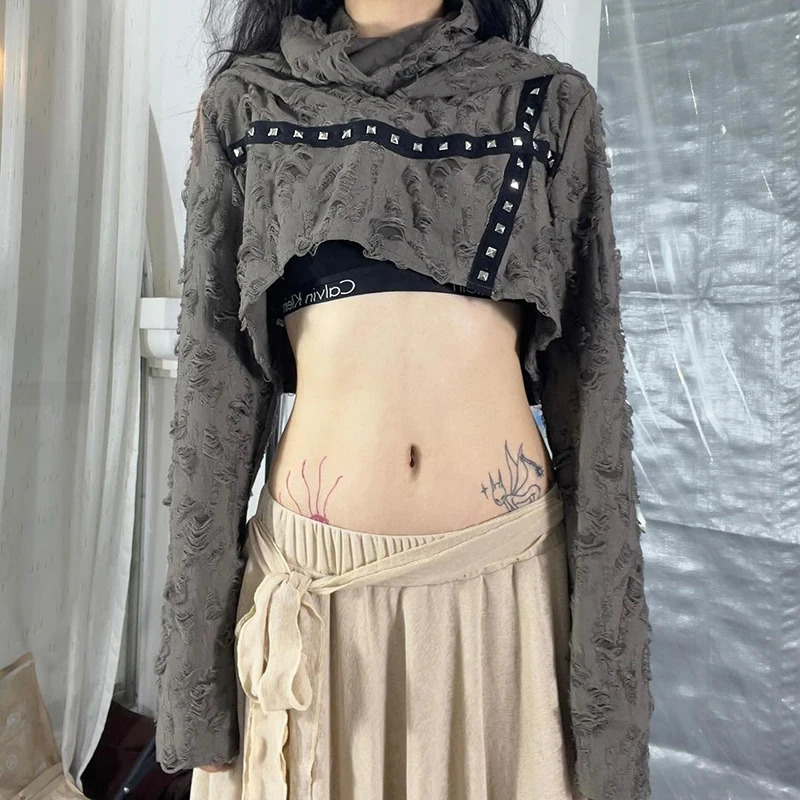 Post Apocalyptic Distressed Ripped Hoodie American Long Sleeve Jazz Sexy Cropped Top Harajuku Y2K Subculture Street Sweatshirt 250814