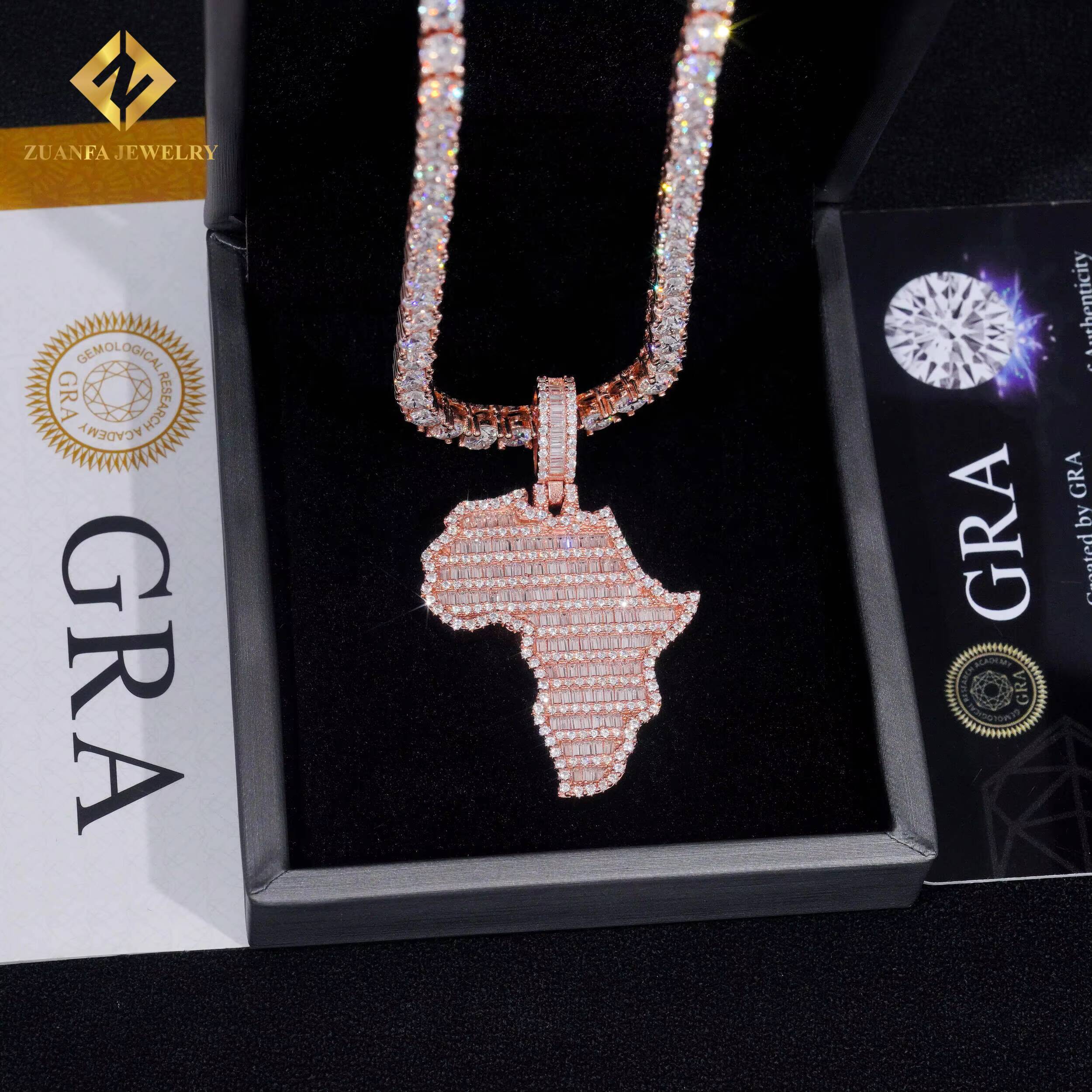 Worldwide Shipping Hip Hop Jewelry Iced Out Charms Pendant 925 Solid Silver Full Baguette Moissanite African Map Pendant