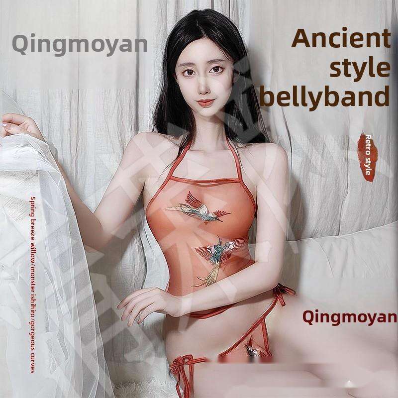 Halter Neck Mesh Lingerie Set Phoenix Embroidery Lace Up Detail See - Through Design Sexy Sleepwear for Women (Plus Size Available)