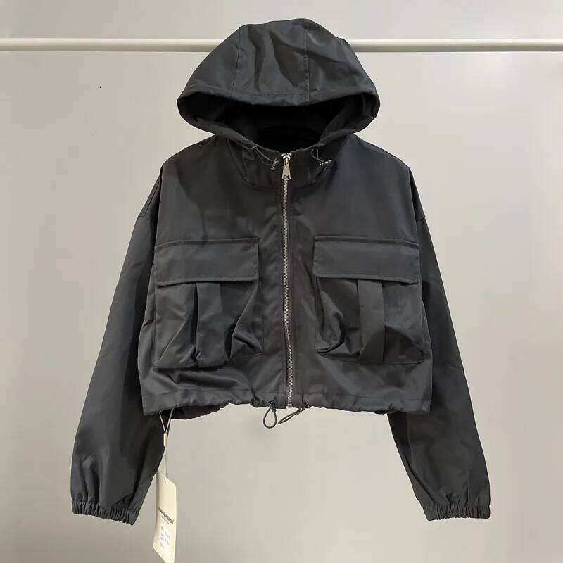 Autumn Pink Drawstring Hooded Cargo Jackets Zipper Coat with Pockets Women Top Windbreaker