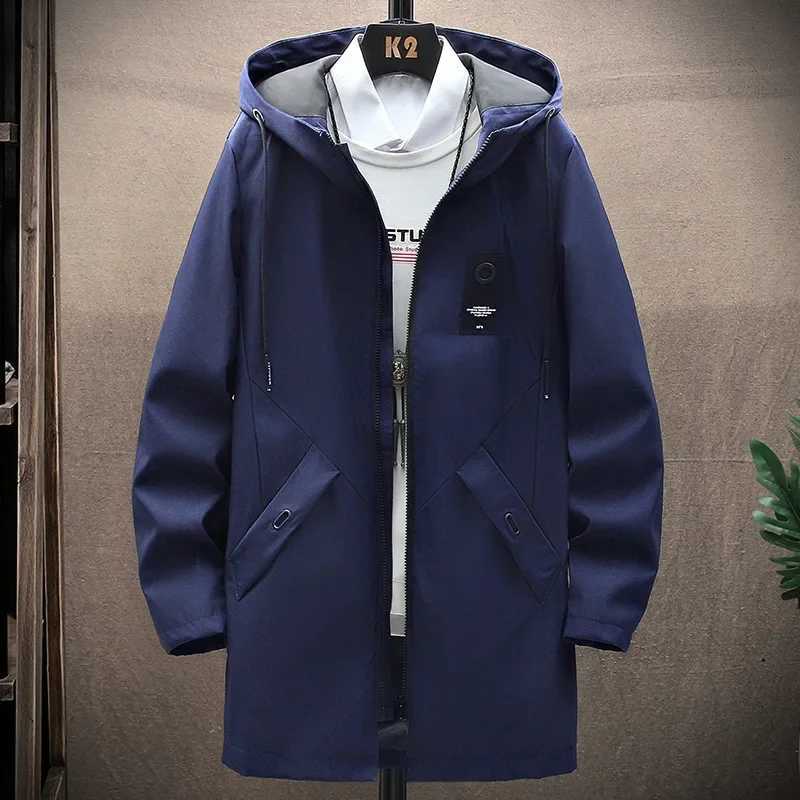 2023 Autumn New Mens Hooded Jacket Solid Color Zip-up Medium-length Casual Trench Coat Windbreaker Stock Available W250815