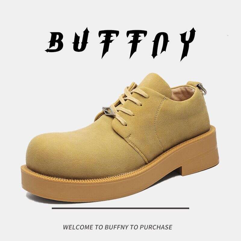 Derby Men's Low Top Platform Big Yellow Boots Round Head Leather Shoes