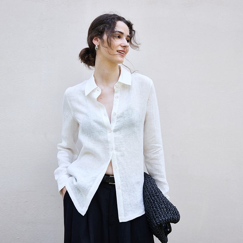 2025 Autumn Pure Linen Women's Shirt Loose Old Money Style Single-Breasted Solid Color Top Slightly Sheer Minimalist Blouse