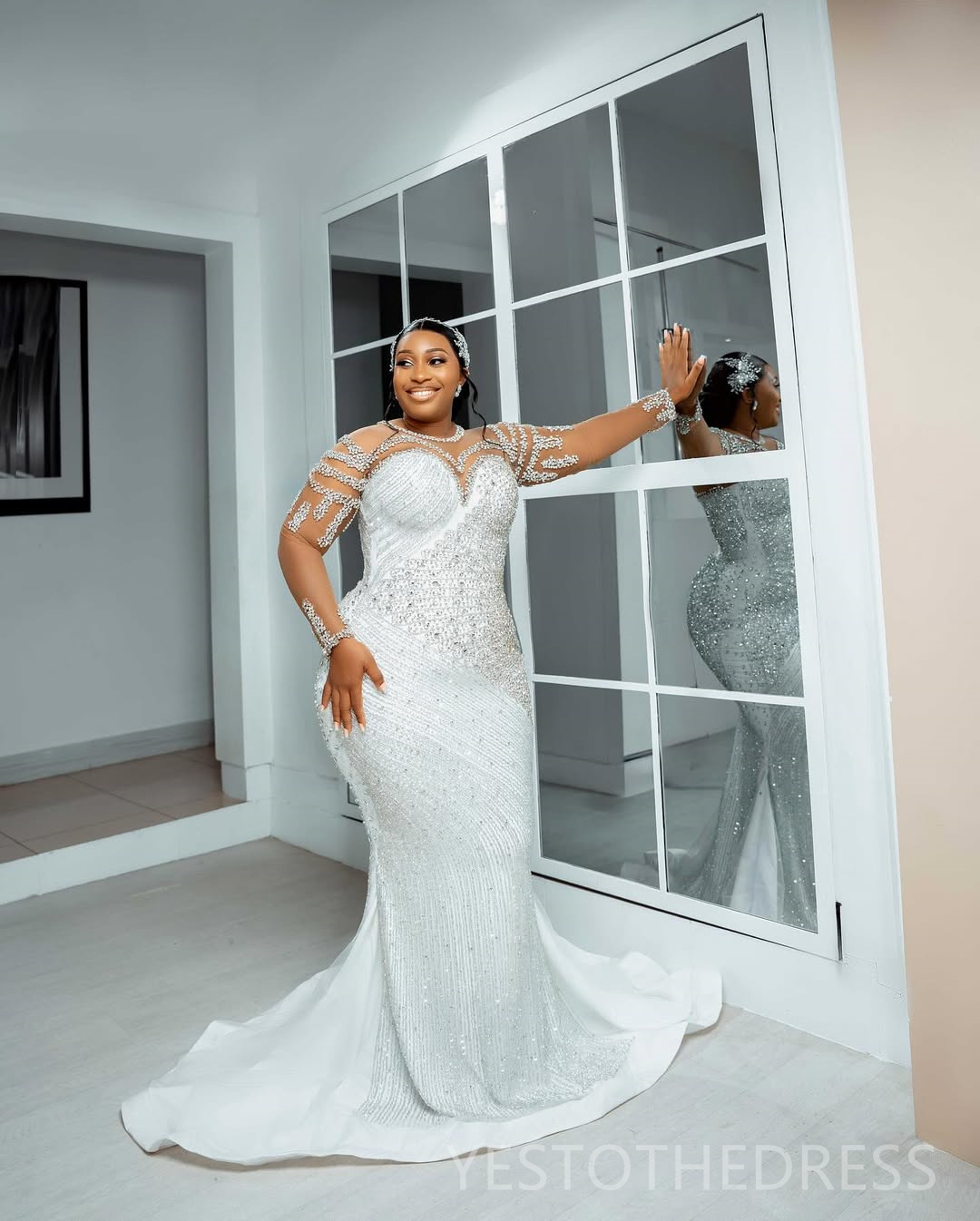 2025 Plus Size Off White African Wedding Dress Bridal Gowns For Bride Mermaid Detachable Trai Sheer Neck Beaded Lace Tiered Tulle Wedding Gowns For Bl