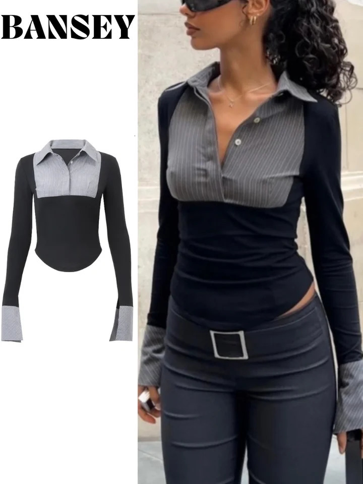 Spring Fashion AllMatch Striped Polo Collar Long Sleeve Womens Slimming and Refining Temperament Inner Top 250814