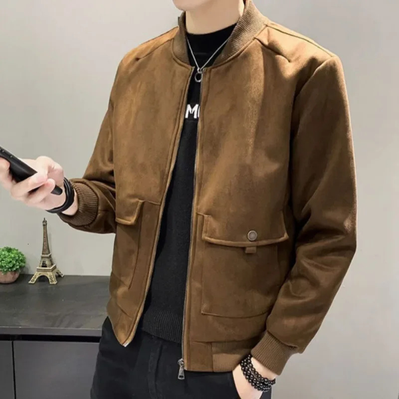 Mens Bomber Suede Leather Jackets Baseball Winter Sales of Slim Fit Male Cargo Coats Solid Color Harajuku Clothing Fashion 250808