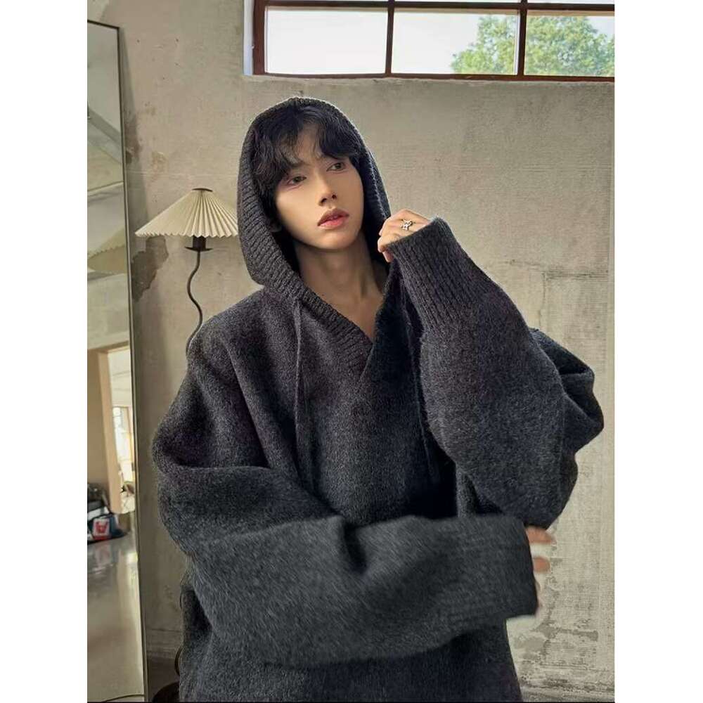 Gray Hooded Knitted Sweater For Men, Autumn And Winter Korean Style, Lazy American Cleanfit Wool Coat B5