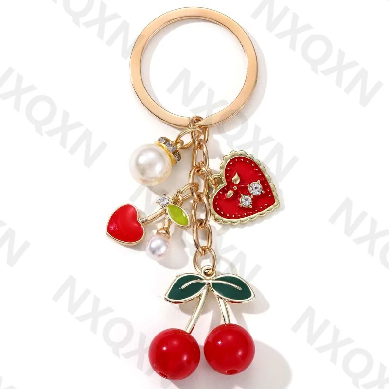 Pretty Cartoon Cherry Preal Heart Enamel Keychain Love Fruit Key Ring For Women Girl Handmade Friendship Gift Jewelry Set 250811