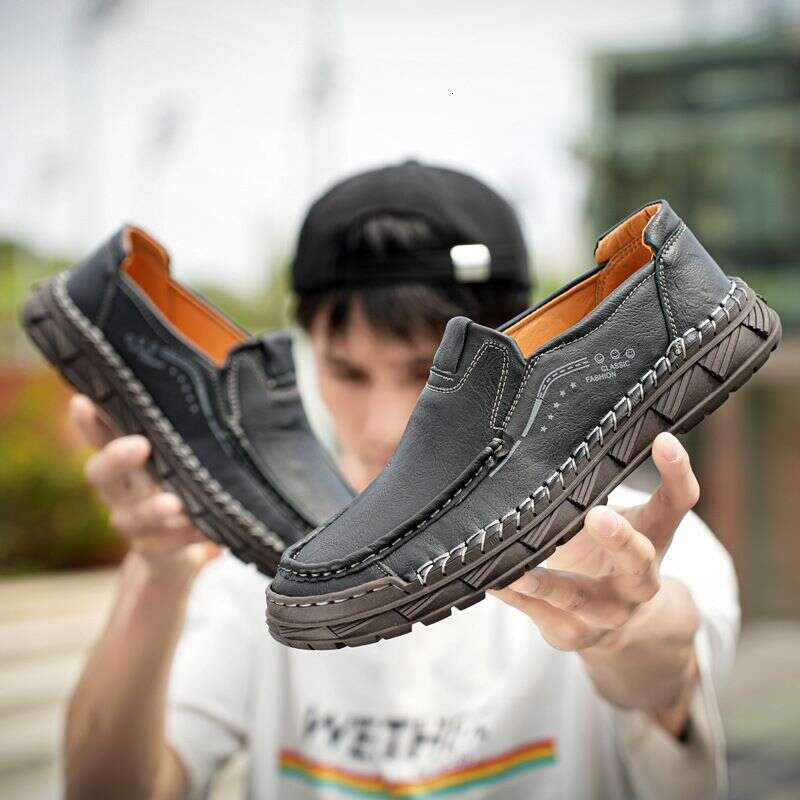 Large Size Men's Casual Leather Cowhide Bean Shoes, Hand Sewn Loafers, And Shoe Covers