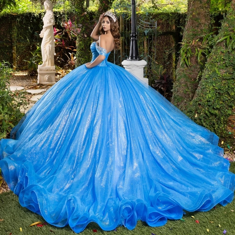 Blue Shiny Ball Gown Quinceanera Dresses Off the Shoulder Beading Crystal Tull Party Birthday Vestidos 15 De Anos Sweet 16 Dress