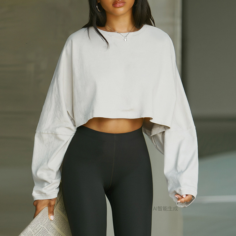 Crop Top for Women, Pure Cotton, Sports Style, Batwing Sleeve Sweatshirt, Short, Round Neck, Loose Fit, Long Sleeve, Autumn