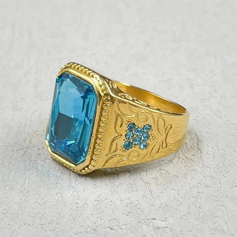 Gold color Stainless Steel Charm Rings for Women Trendy Heavy blue rhinestone Rings Wedding Party Jewelry Gifts 250811