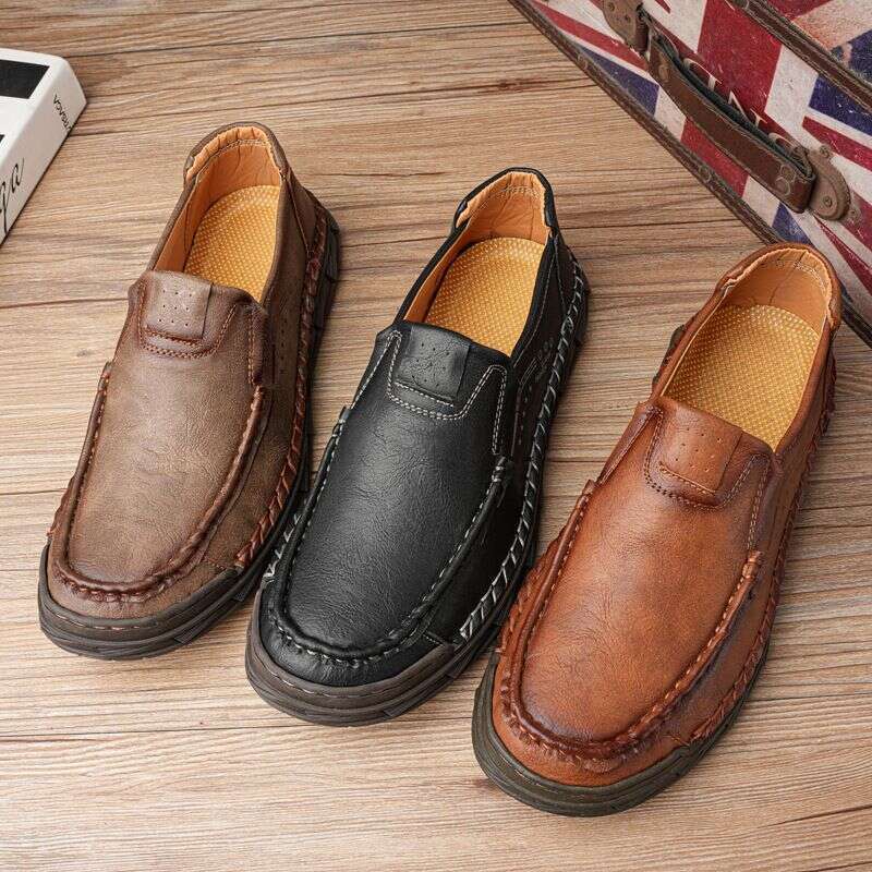 Large Size Men's Casual Leather Cowhide Bean Shoes, Hand Sewn Loafers, And Shoe Covers