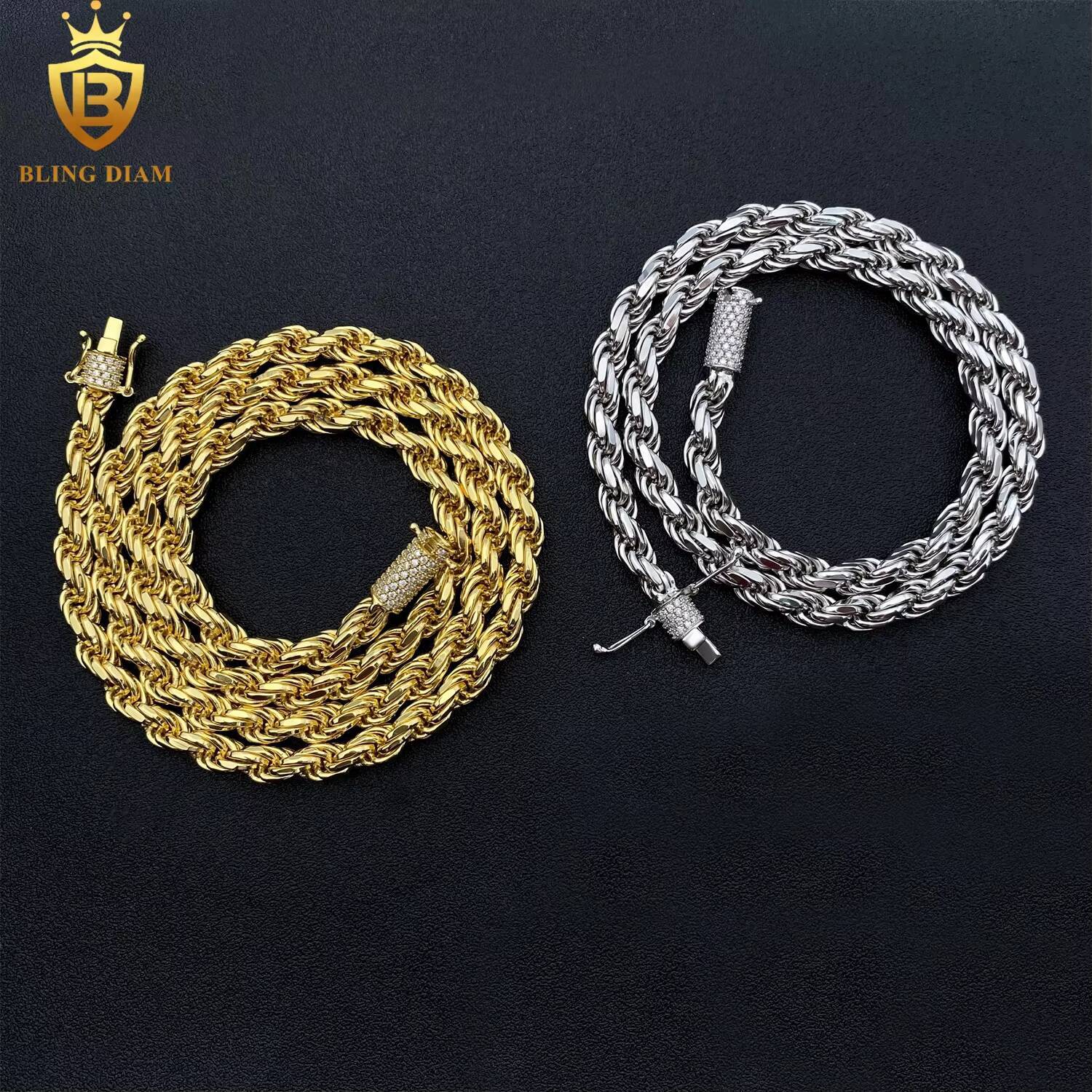 6mm Factory Low Price Hip Hop Jewelry 925 Silver Vvs Moissanite Rope Chain Stainless Steel Necklace