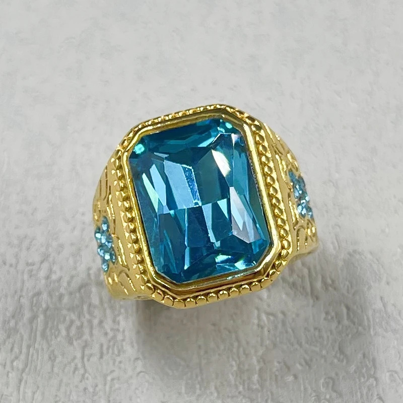 Gold color Stainless Steel Charm Rings for Women Trendy Heavy blue rhinestone Rings Wedding Party Jewelry Gifts 250811