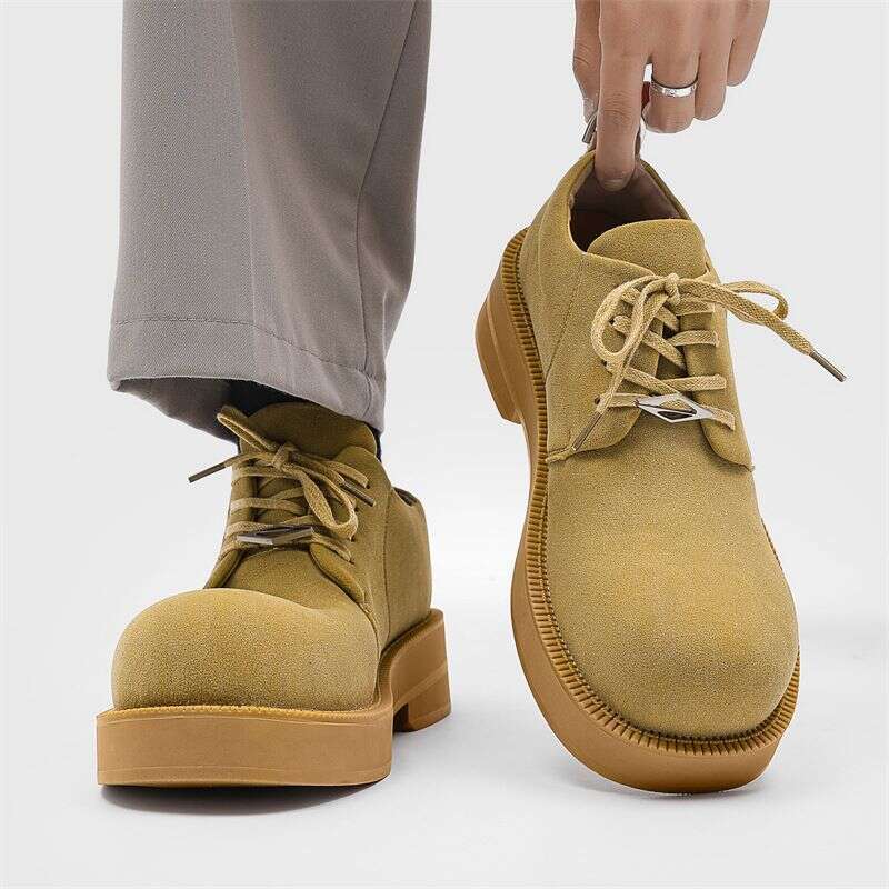 Derby Men's Low Top Platform Big Yellow Boots Round Head Leather Shoes