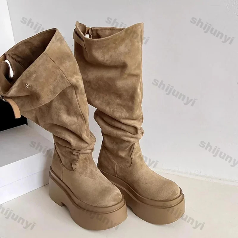 Womens Fashion Thick Heels Knee High Boots Khaki Flock Slip on Western Boots Woman Spring Autumn Soft Leather Short Botas Mujer 250809