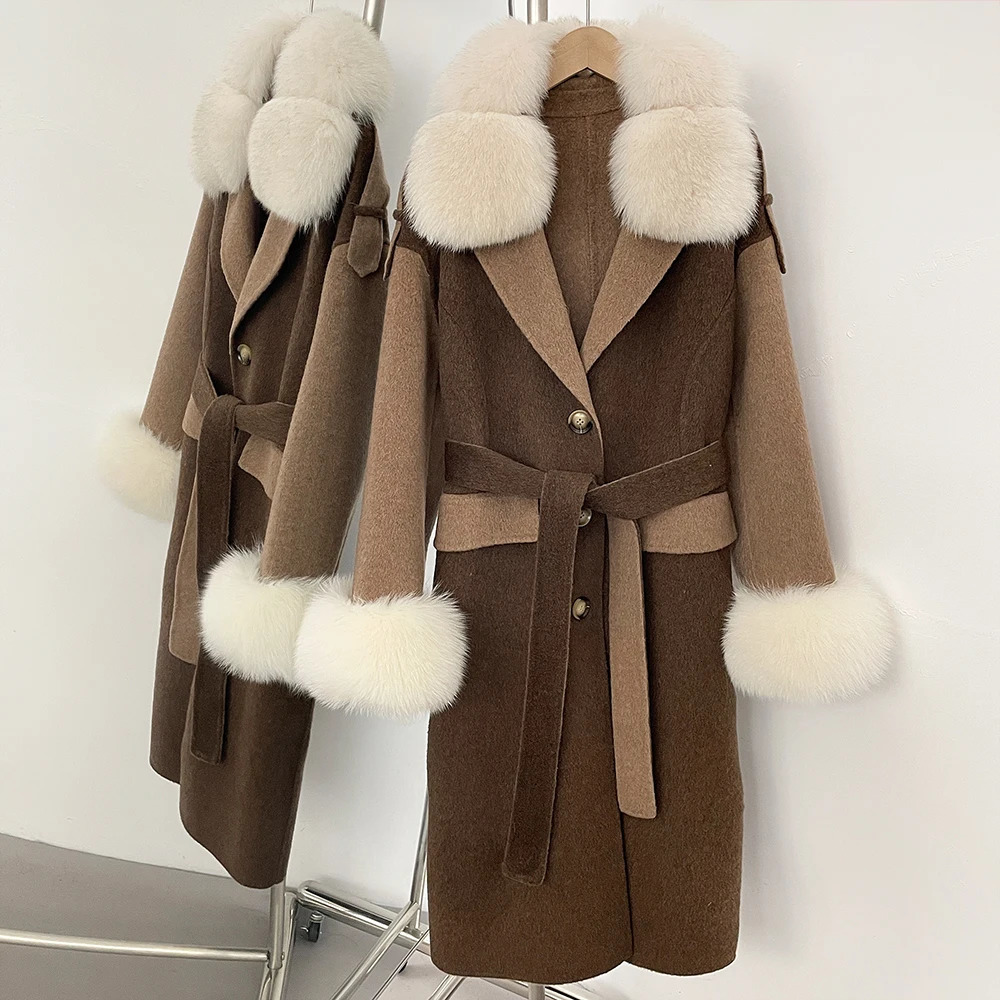 CXFS Autumn Winter Clothing Women Natural Fox Fur Cashmere Double-faced Woolen Jacket Long Single-breasted Belt Wool Coat Female 250811
