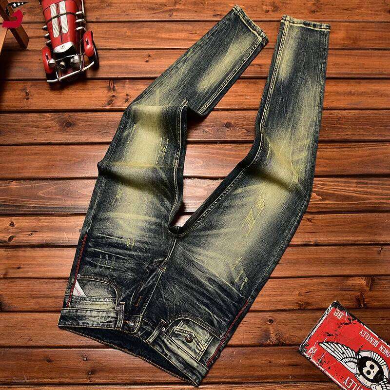 High-End Motorcycle Jeans Men's Autumn Washed-out Vintage Nostalgic Fall Slim Fit Straight Stretch Denim Long Pants